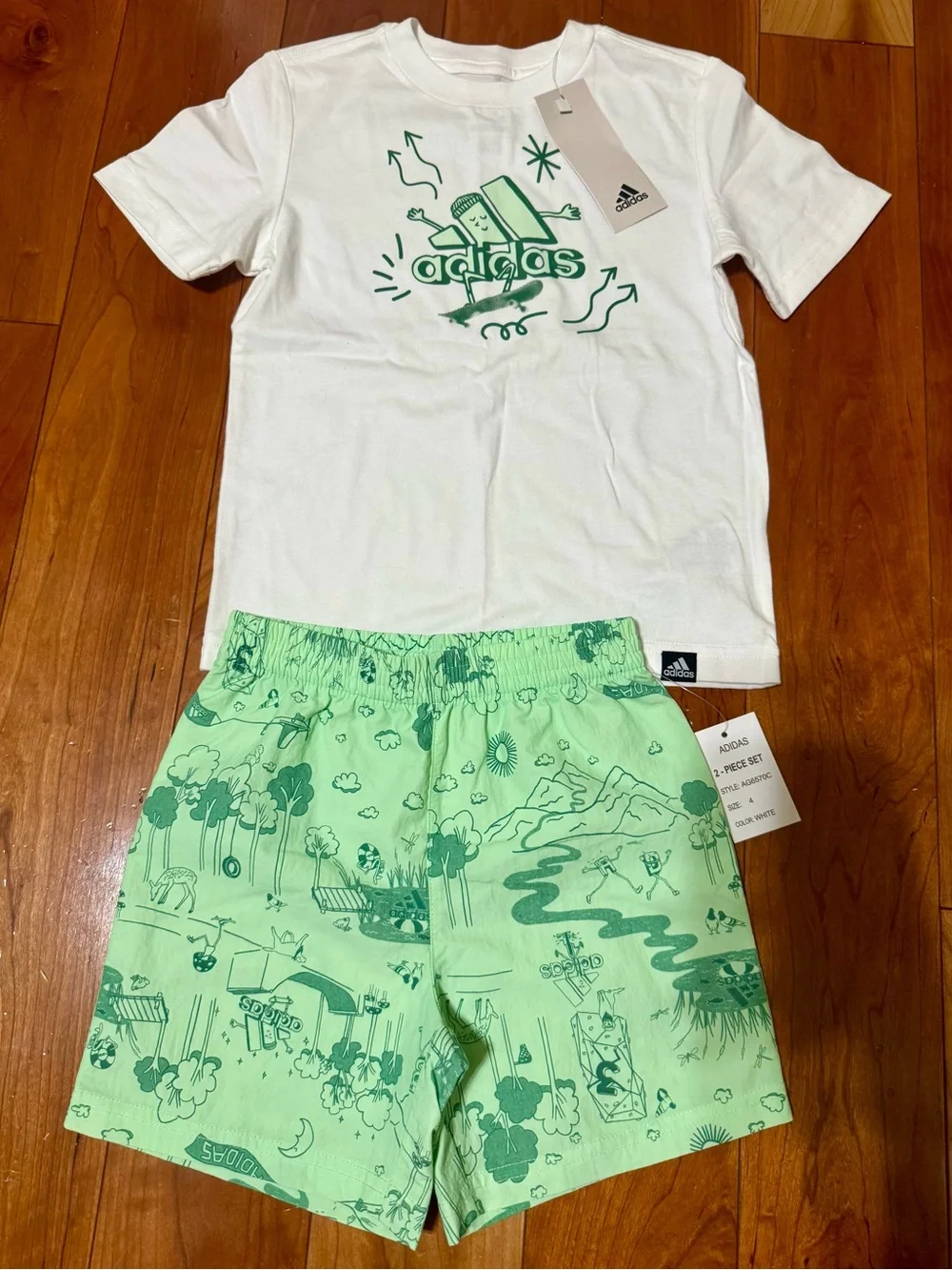 NWT Adidas White Tee with Mint Green Nature Print Shorts Set